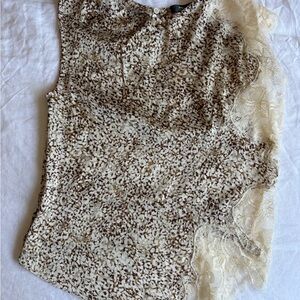 Aqua Cream and Brown Lace-Trim Printed Camisole